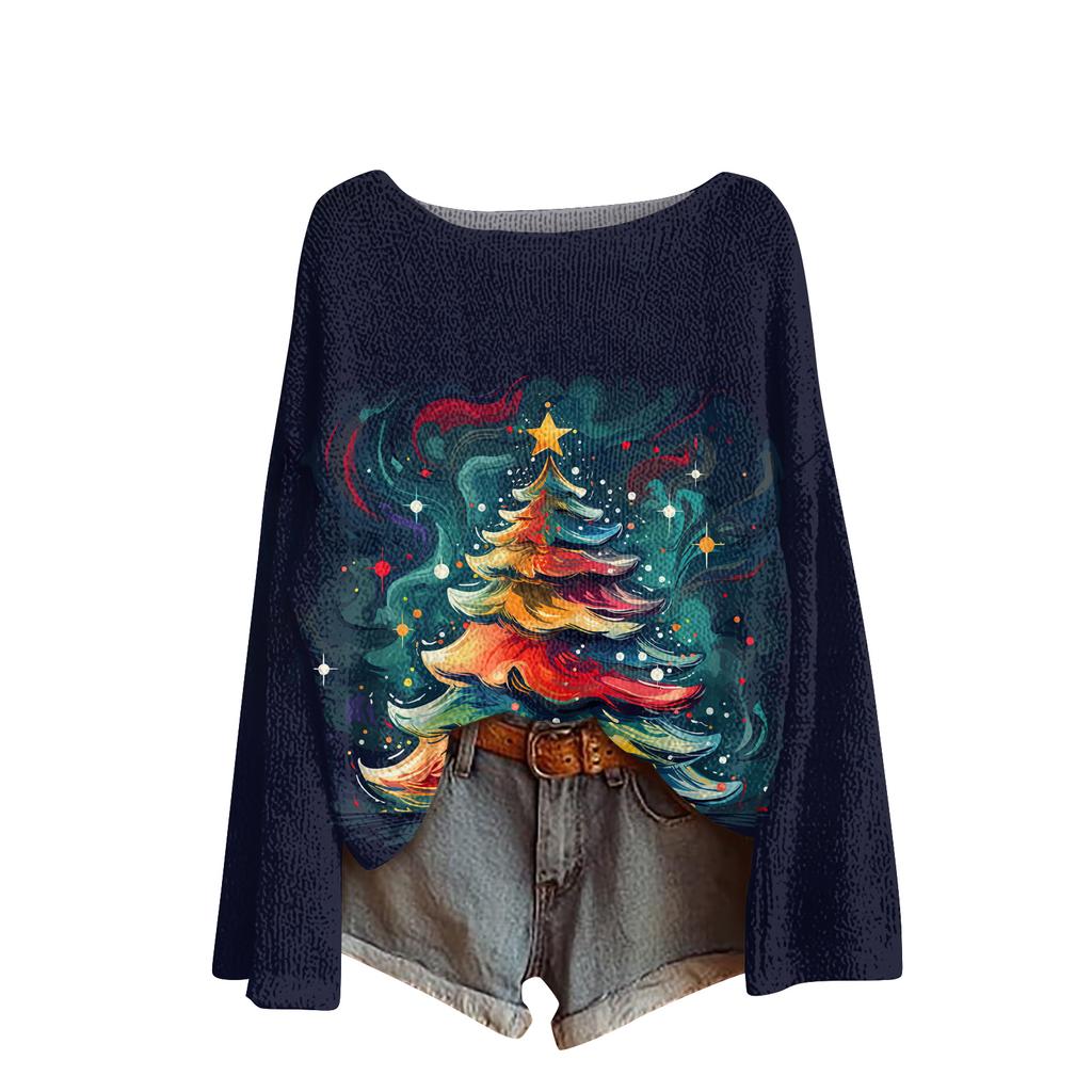 Ladies' Fashionable Casual Long Sleeved Christmas Printed Round Neck Knitted Yarn