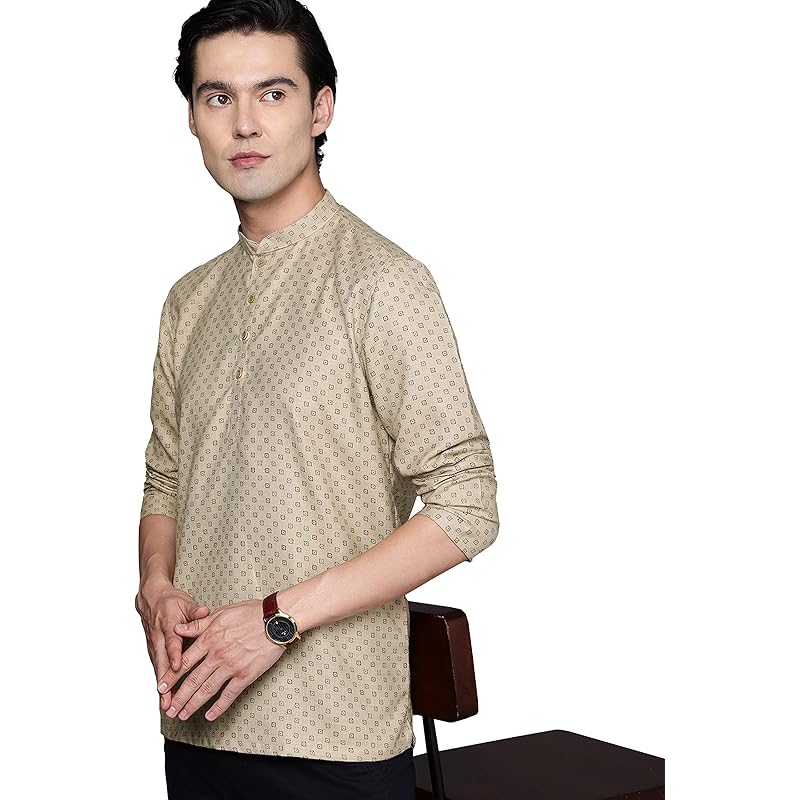 Manyavar Men's Short Kurta, Full Sleeves Mandarin Collar Ethnic Waist Length Kurta Only, Kurta for Festival, Wedding, Pa