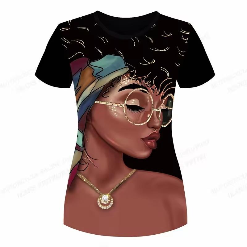 Melanin Girl Natural Hair Pattern T-shirt, women's T-shirt, African casual short-sleeved round-neck top T-shirt