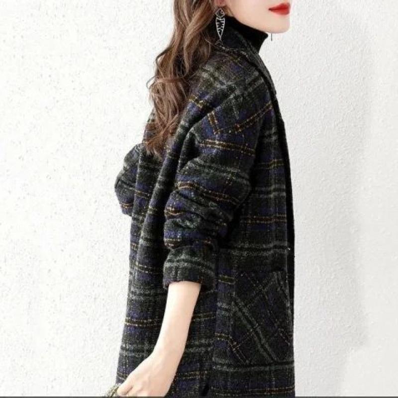 New Plaid Suit Woolen Jacket Autumn and Winter Women's Korean Version Loose Retro Plaid Medium and Long