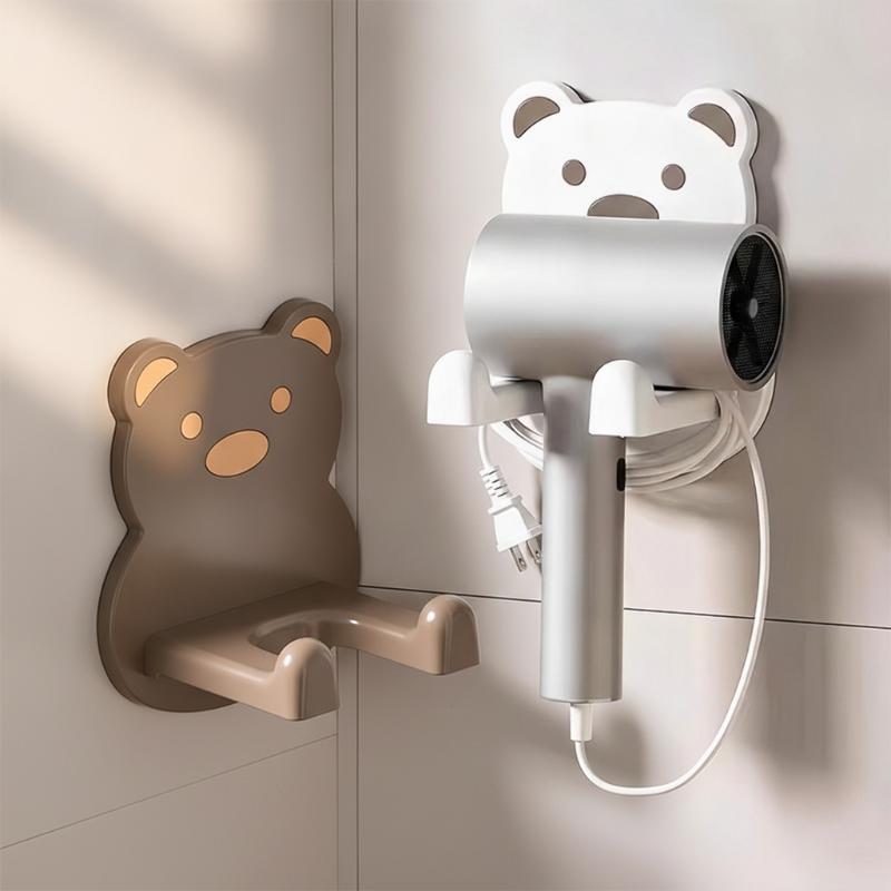Little Bear Hair Dryer Holder Easy Install Wall-Mounted No-Drill Bathroom Organizer For Electric Blow Dryers