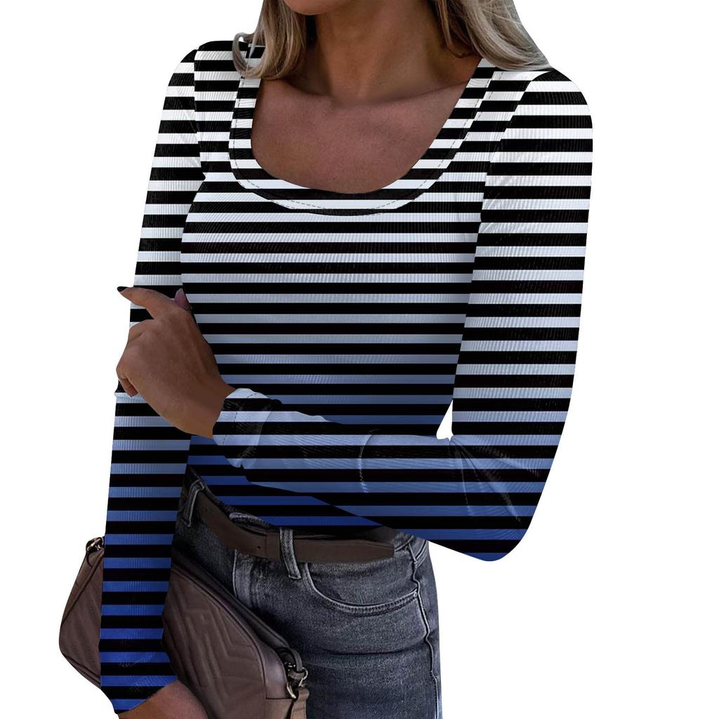 Women's Fashion Slim Bottom Casual Long Sleeve Printed Pullover U Neck Top