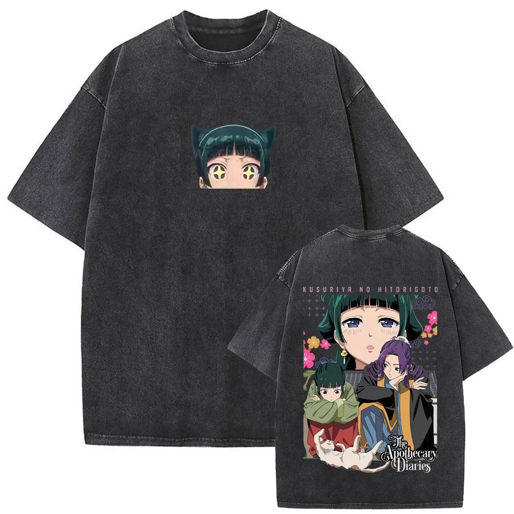 Gewaschenes Vintage Japanischer Anime The Apothecary Diaries Maomao Doppelseitiger Druck T-Shirt Herren Damen Freizeit Kawaii Lustige T-Shirts