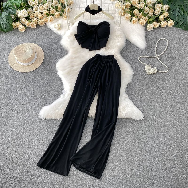 Pure Desire Style Sexy Lace-up Short With Chest Pad Tube Top Hanging Neck Top + High Waist Slimming Wide Leg Pants Two-piece Suit