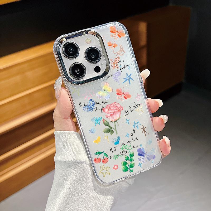 Galvanisierter Linsenrahmen-Case Für iPhone 16 15 14 Pro Max Plus 12 13 Pro 11 Galvanisiertes TPU Blumen Herz Klare Hülle
