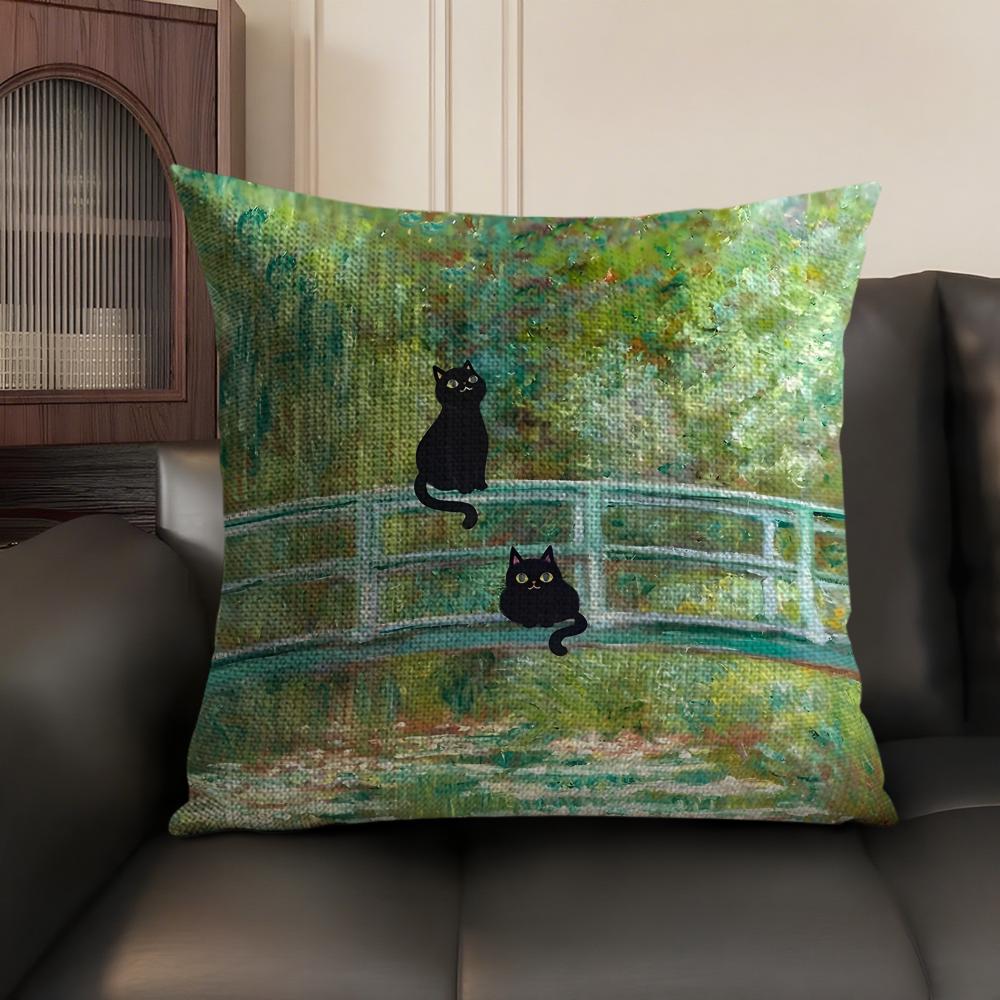 Black Cat Oil Painting Cushion Cover Summer Breathable Linen Organic Fabric Double-Sided Printing Sofa Pillow Case Home Decor