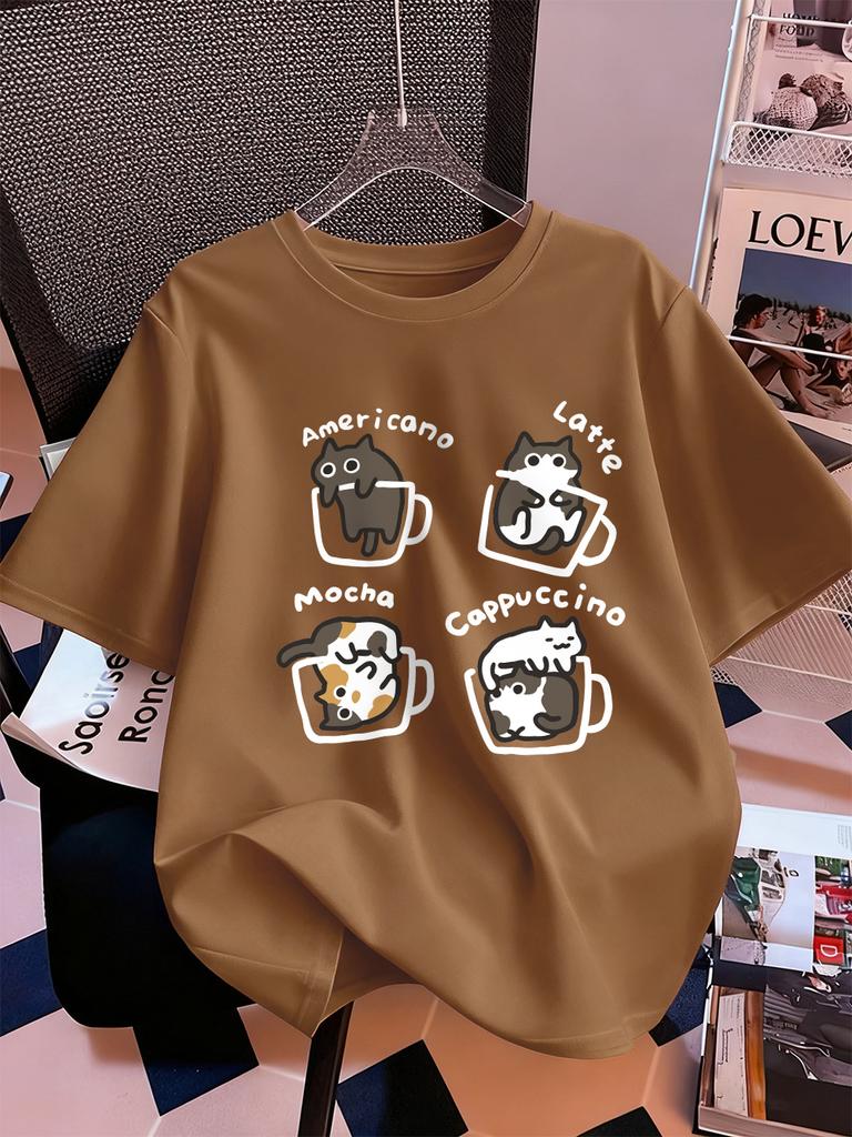 Cat Coffee Art Letter Printing TShirts Womens Summer Cotton Short Sleeve Tops ONeck Soft Loose T Shirt Casual Womans Clothes