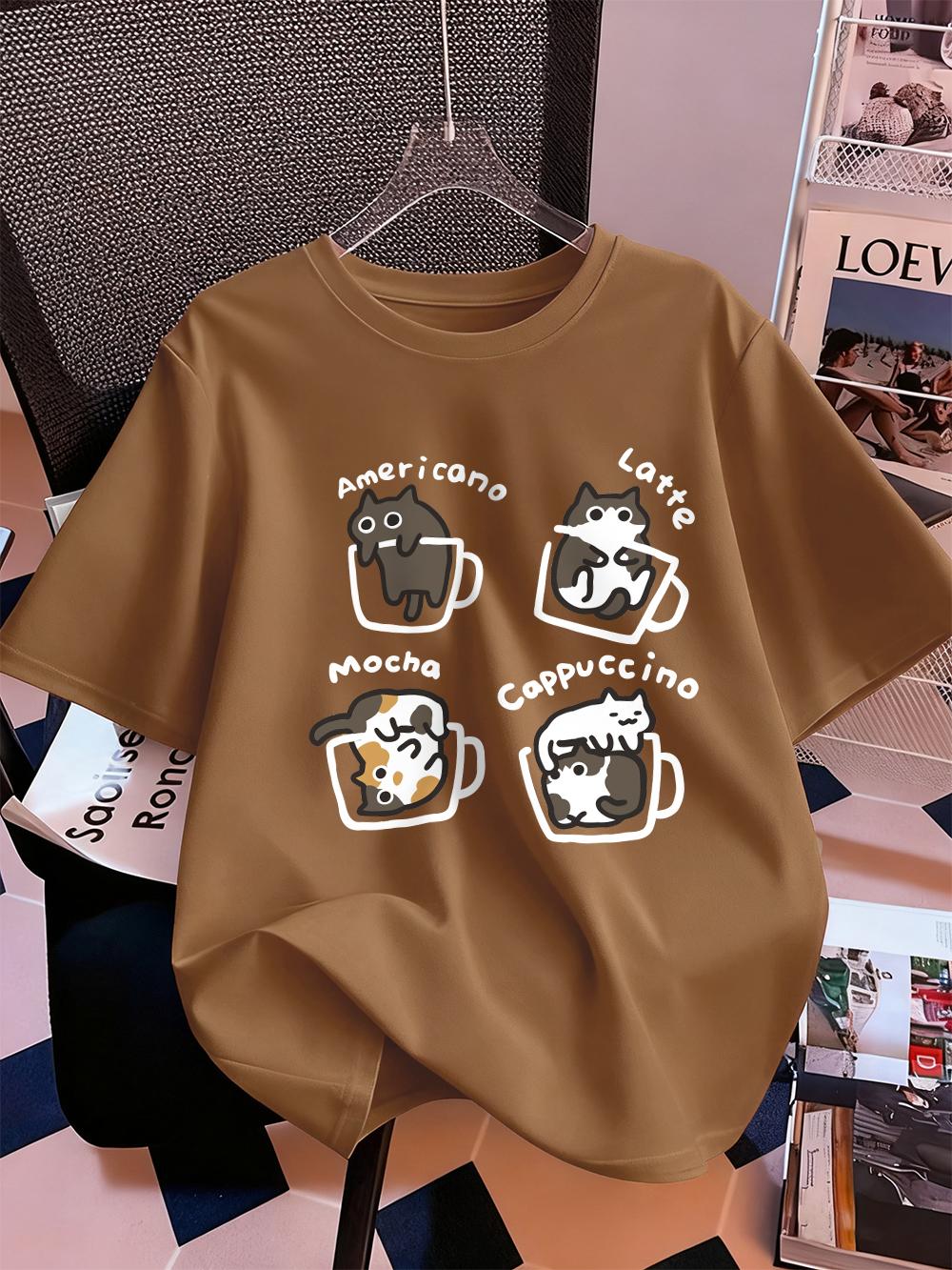 Cat Coffee Art Letter Printing TShirts Womens Summer Cotton Short Sleeve Tops ONeck Soft Loose T Shirt Casual Womans Clothes S