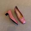 Fashion Women's Spring Heel Shoes New Style Square Head Shallow Mouth Splicing Butterfly Knot Set Foot Non-slip Single Shoes