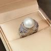 Huitan Graceful Simulate Pearl Ring for Women Bright Cubic Zirconia Finger Jewelry for Engagement Ceremony Party Delicate Gift