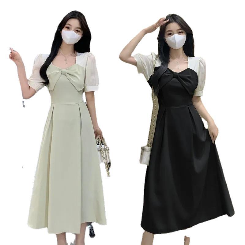 Plus Size Hepburn-style Dress, Summer New French Bow Patchwork with Plus-size A-line Mid-length Skirt