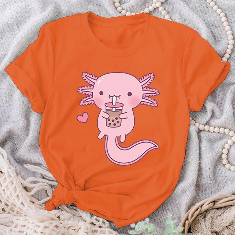 Cute Cute Axolotl Drink Boba Tea Graphic Print T-Shirts For Women Summer Lovely Short Sleeve Casual T-Shirts Funny Ladies Tops