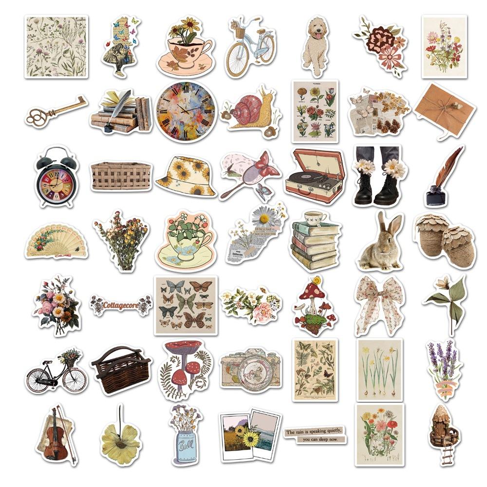 50pcs Vintage Animal Flower PVC Sticker Aesthetic Children's Stationery DIY Decoration Scrapbooking School Supplies