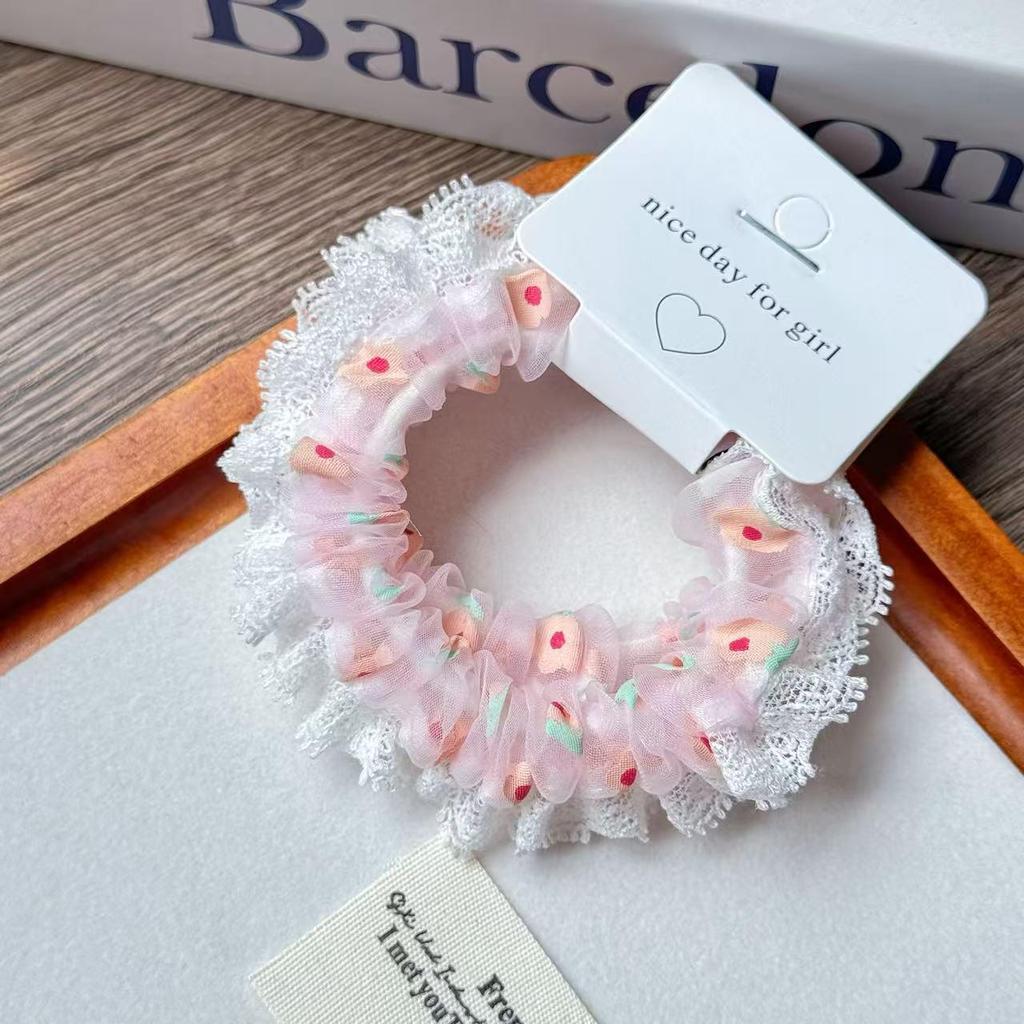 Lace Trim Macaron Color Elastic Flower Hair Tie - Korean Style