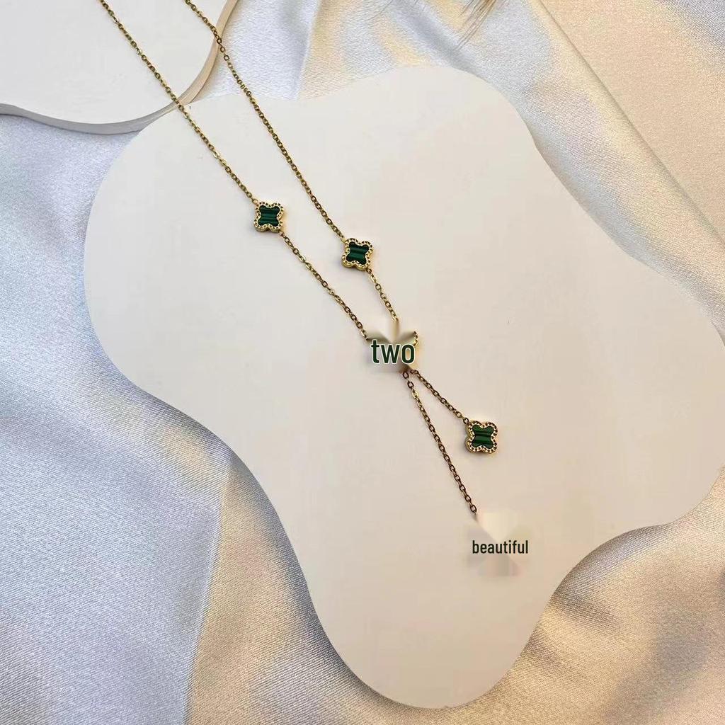 Elegant Five-Flower Double-Sided Four-Leaf Clover Stainless Steel Necklace with Tassel Pendant
