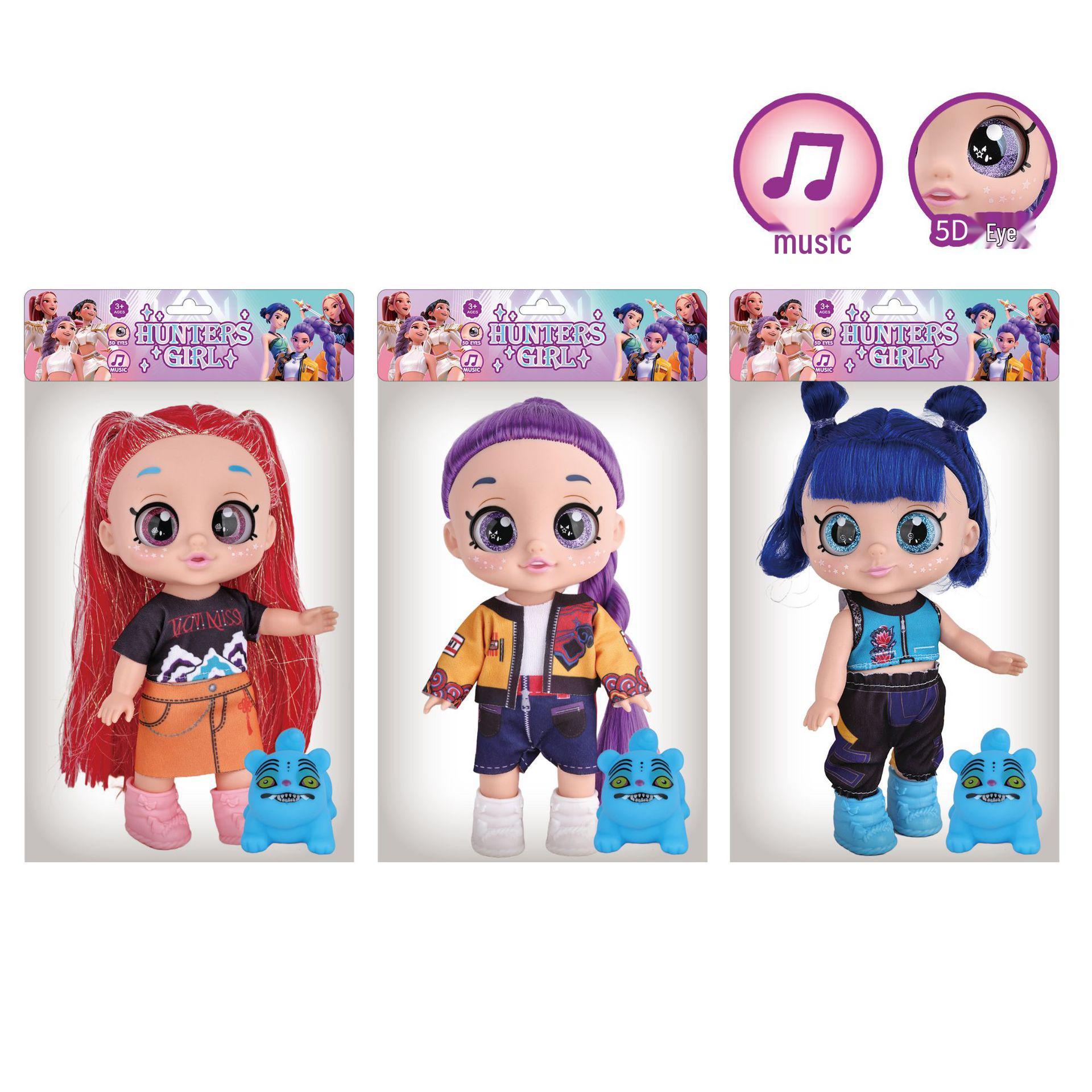 10  K-POP Demon Hunter Girls 5D Eye Doll with Blue Tiger Plush & Weapons