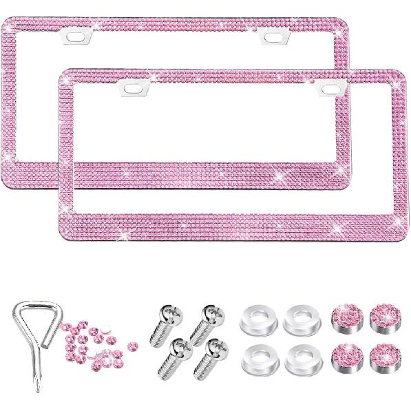 2PCS Bling Car License Plate Frame, Stainless Steel Rhinestone Vehicle License Plate Cover with Screws Caps, Sparkly Automotive Decoration