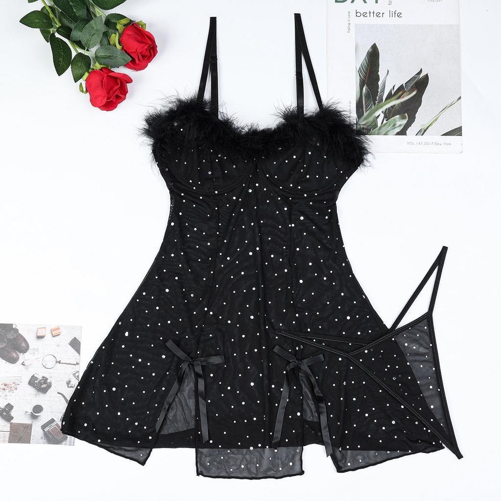 Rhinestone Crystal Feather Splicing Sheer Mesh Slit Dress Two Piece Set For Women Erotic Dresses