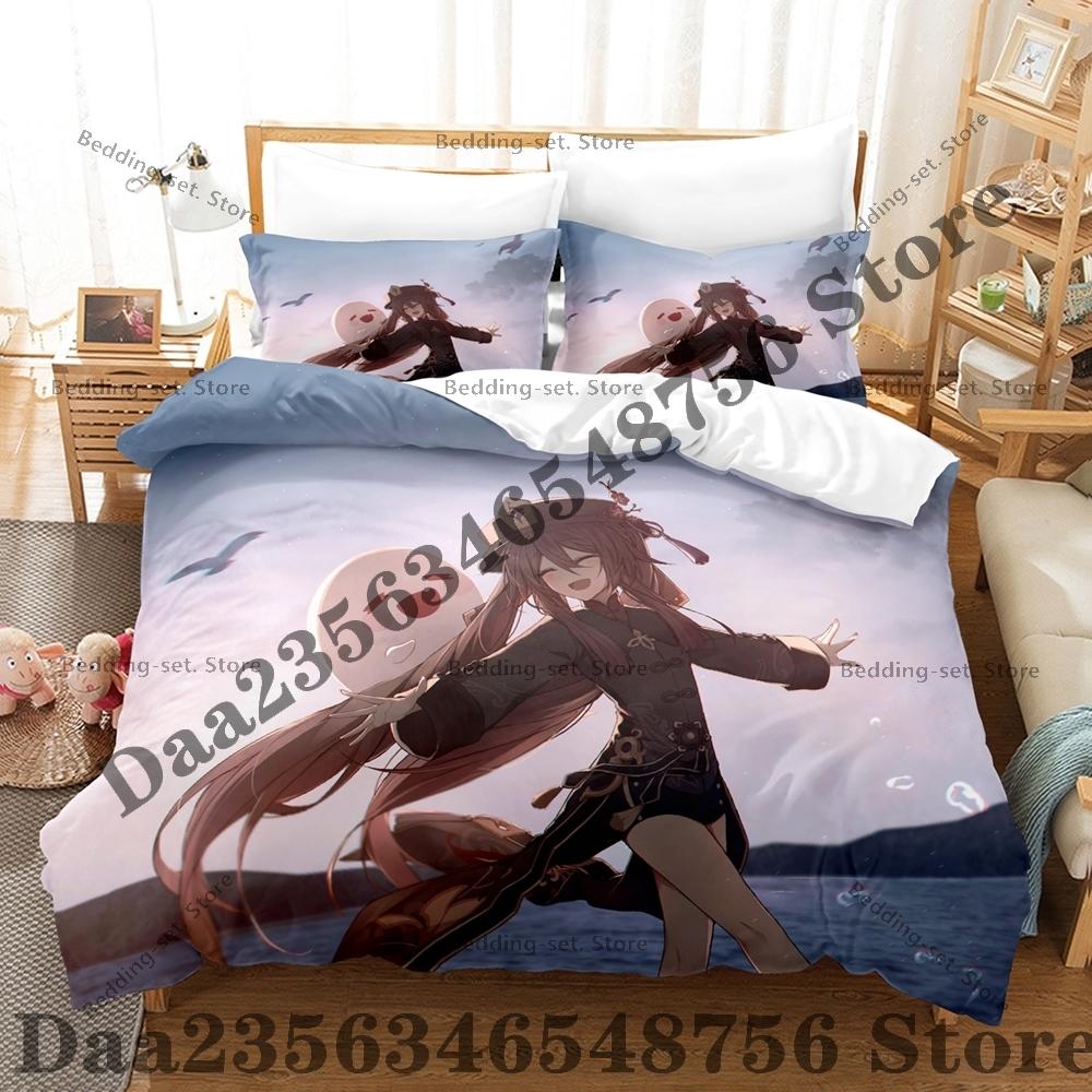 Personality Anime Hu Tao Bedding Set AniThree Piece Bedding Set - Luxury Comforter Set with Queen King Size Including pillowcase