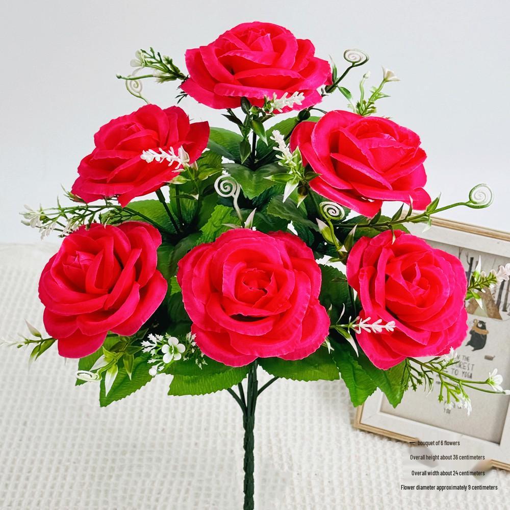 Curly Edge Red Rose Bouquet - 6 Head Artificial Silk Flowers for Living Room Decoration