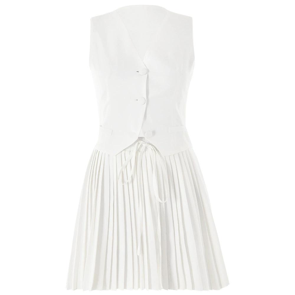 

Летний сексуальный лоскутный комплект из 2 предметов, женские элегантные однобортные топы + плиссированные мини-юбки, модные однотонные тонкие офисные женские костюмы в стиле ретро M белый