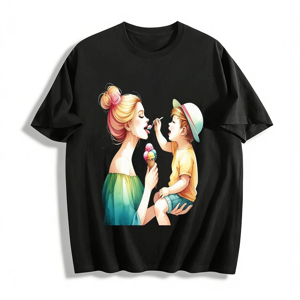 Warm Ice Cream Feeding Parent-child Printed Casual T-shirts Pure cotton T-shirt XXS