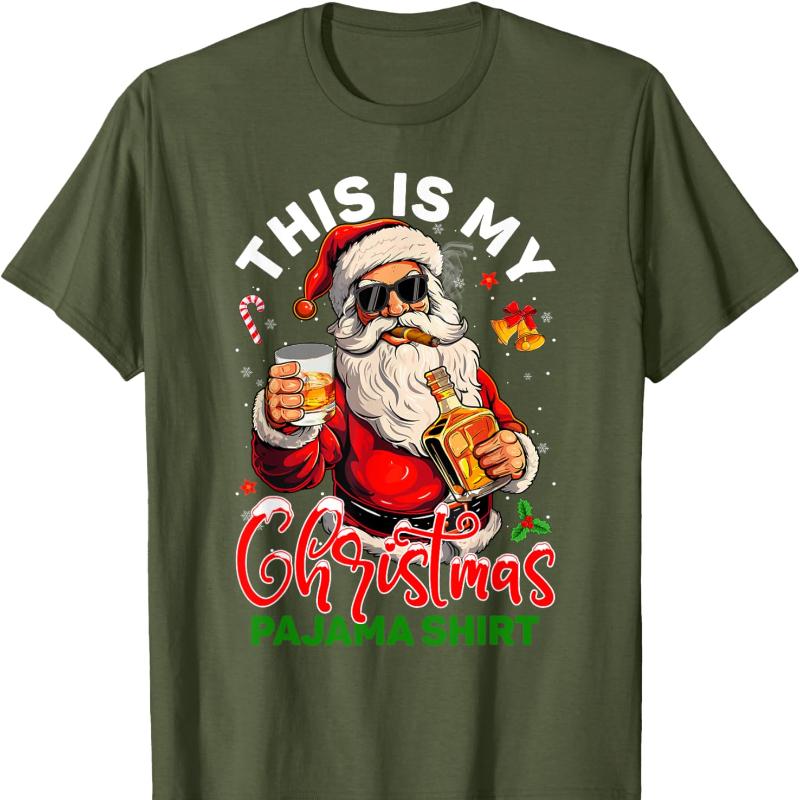 This Is My Christmas Shirt Santa with Bourbon Cigar Cotton TShirt Short Sleeve Crew Neck All Seasons Comfortable Utdoors Tees