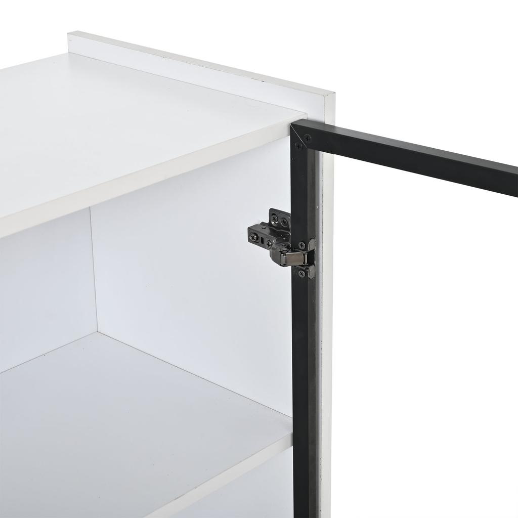 Moderner LED-Ausstellungsschrank Höhe 120cm mit LED-Beleuchtung, Wohnzimmerschrank mit Glastüren und Falttür, Spanplatten-Ausstellungsschrank, Weiß