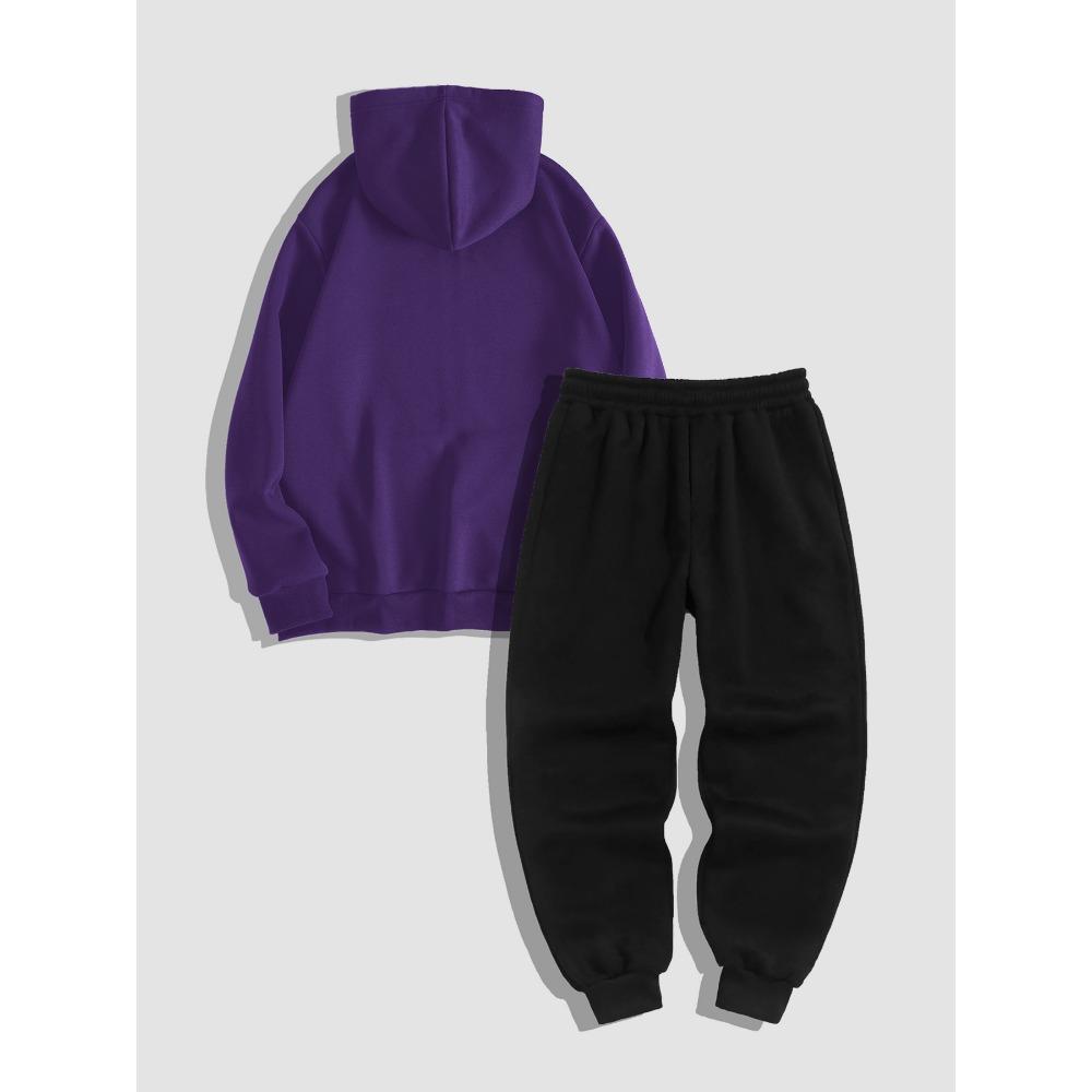 Street Style Cool Męski Zestaw Podstawowy, Męska Bluza z Kapturem na Zamek z Gotyckim Ciemnym Nadrukiem i Spodnie Dresowe Dwuczęściowy Zestaw