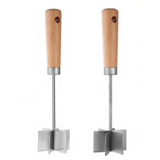 Stainless Steel Meat Masher with 6 Sharp Blades Wooden Handle Ground Beef Chopper Tool for Burger Potato Vegetable Mashing Kitchen Meat Smasher