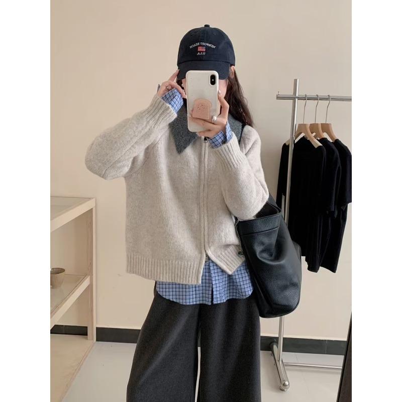Spring New Loose Contrasting Color Double Zipper Sweater Jacket Soft Waxy Temperament Versatile Lapel Knitted Cardigan Women