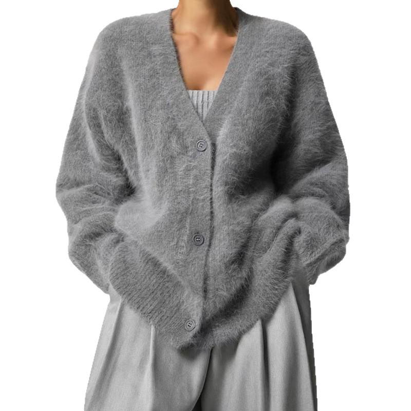 Women's French Retro V-Neck Faux Mink Sweater Coat - Single-Breasted Long Sleeve Loose Knitted Cardigan
