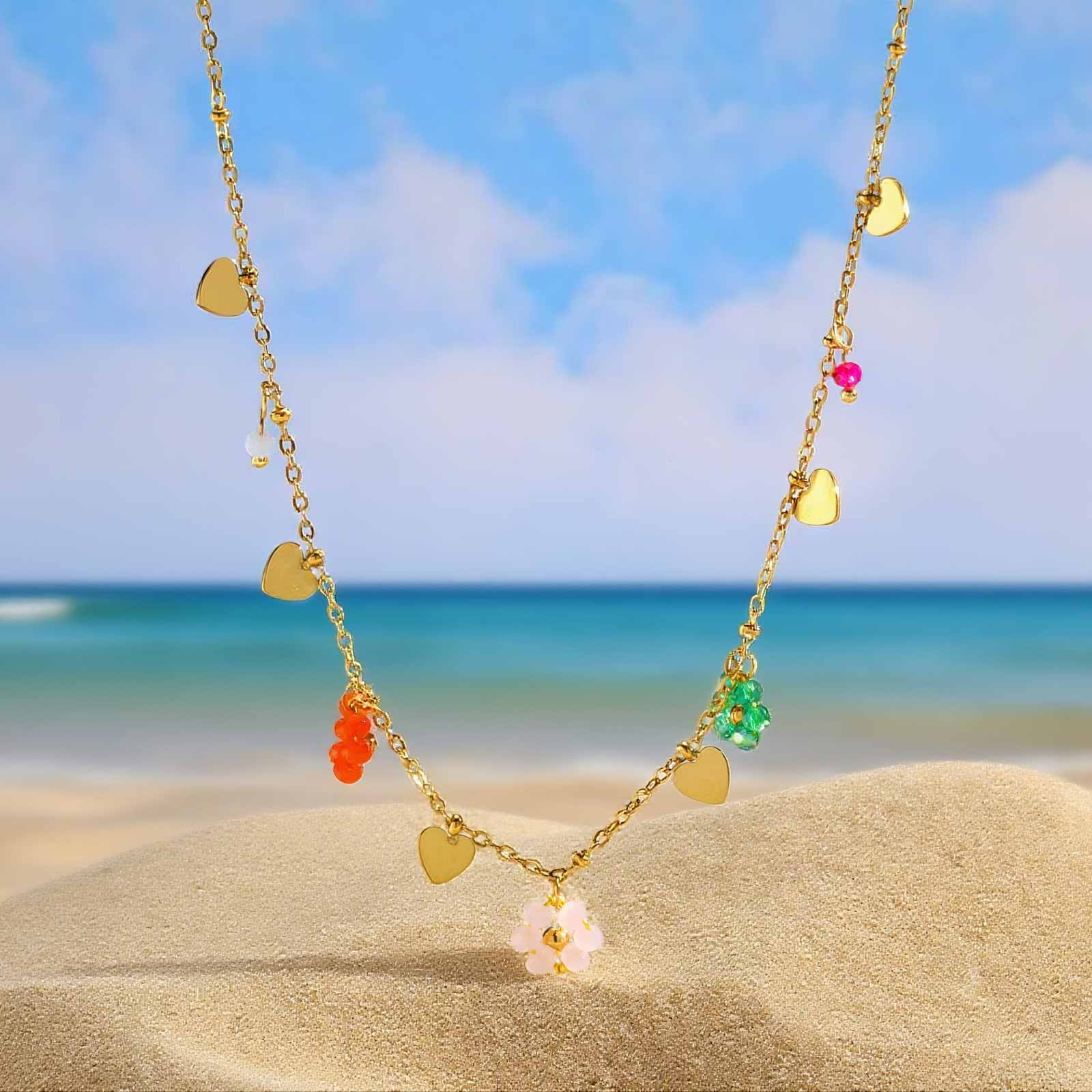 

Gold Plated Stainless Steel Necklaces for Women,Colored Beads Flowers Heart-Shaped Necklace,Rolo Chain Choker,Chic Jewelry Gift