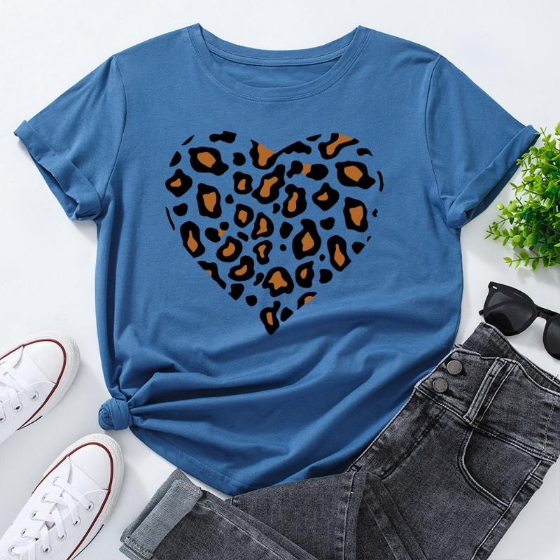 Zomer Dames Bedrukte Luipaardprint Hartvormige Losse Ronde Hals Puur Katoen Korte Mouw T-shirts Dames
