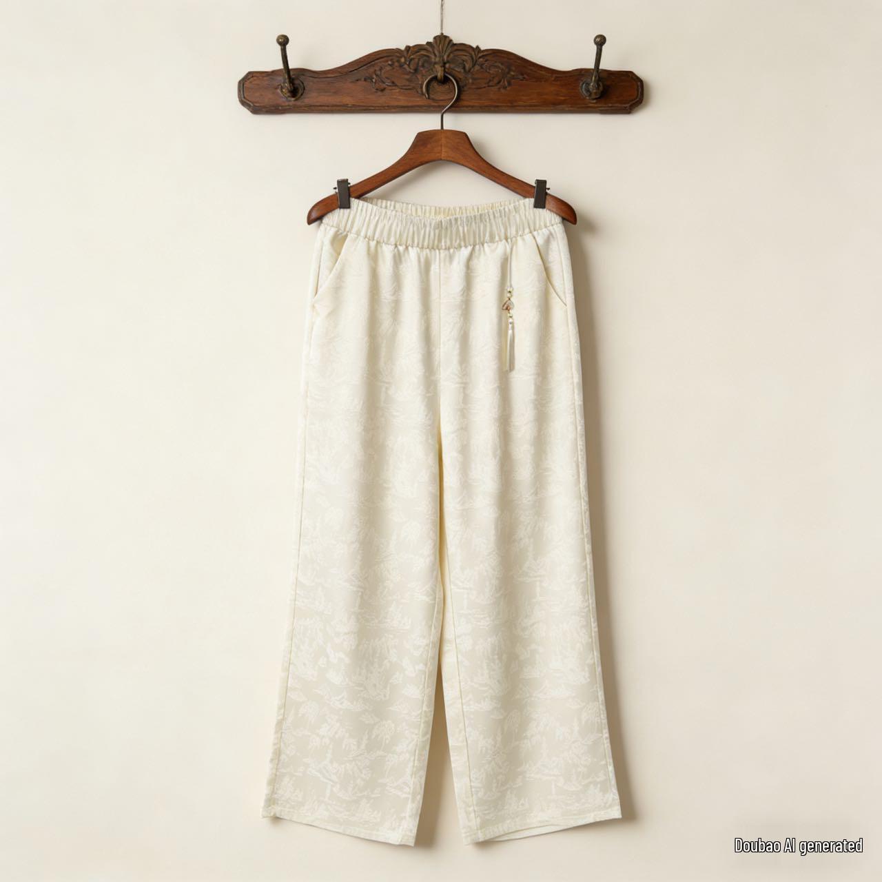 

Women s Summer Jacquard Wide-Leg Pants - Slimming Elastic Waist, Chinese Style Drape XL (90-110 lbs) грязно-белый