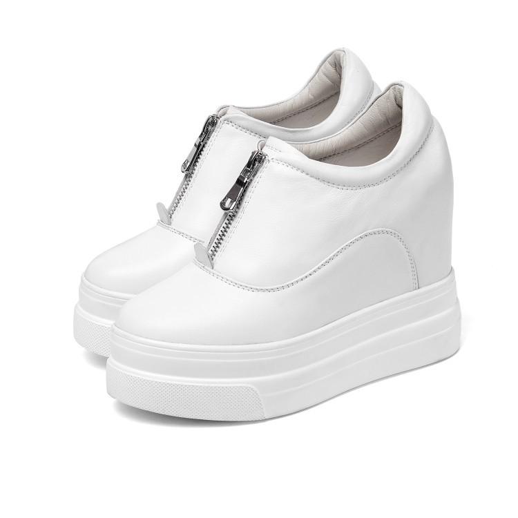 Platform white shoes women's 2025 new inner height-increasing women's shoes front zipper wedge heel leather single shoes spring and autumn versatil