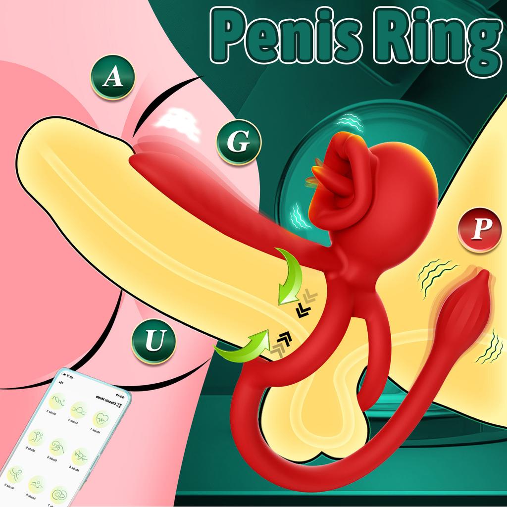 Bluetooth APP Controlled Cock Ring for Men - 10 Speed Vibrating Penis Ring, Clit & Perineum Stimulator, Rechargeable Couples Sex Toy