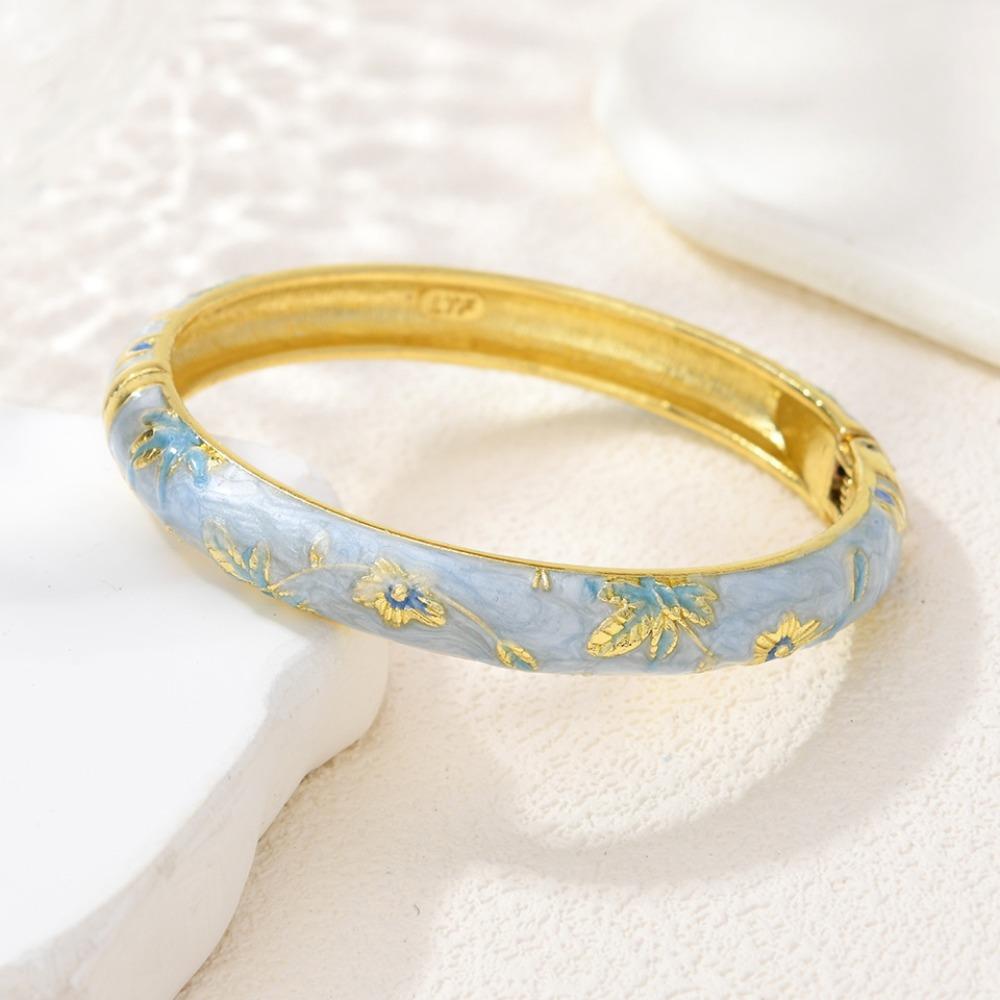 Vintage Colorful Enamel Floral Bangle Gold Plated Chinese Style Open Cuff Bracelet Elegant Handmade Flower Bangle Women
