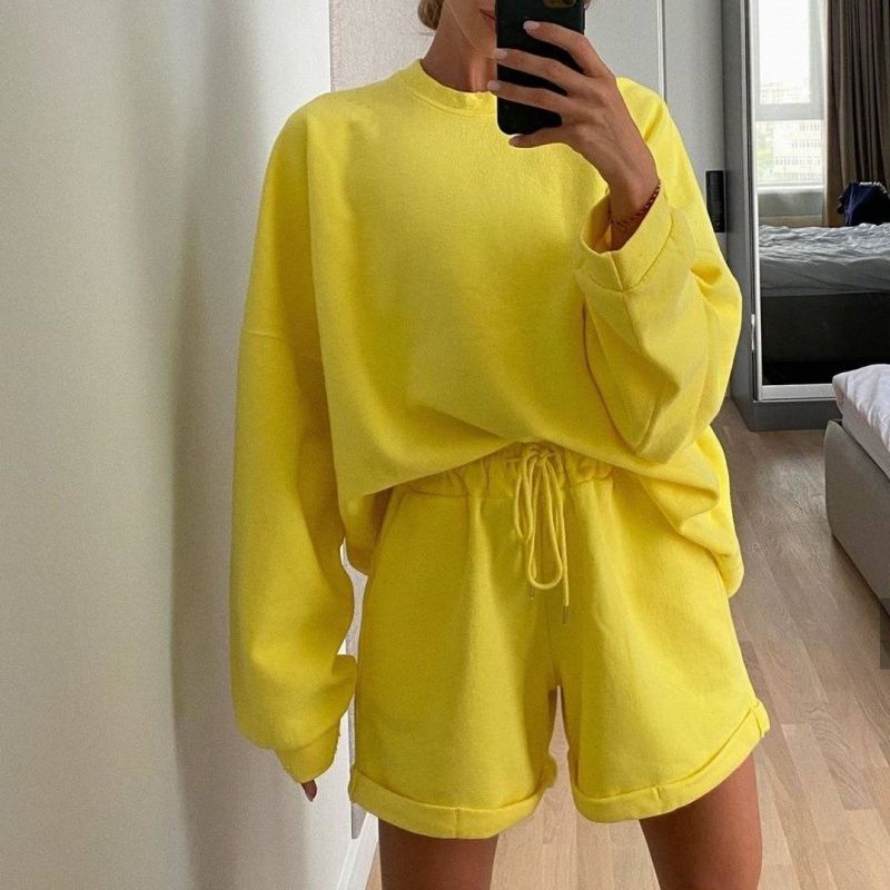 

European and American Long-sleeved Top + Shorts Two-piece Yellow S