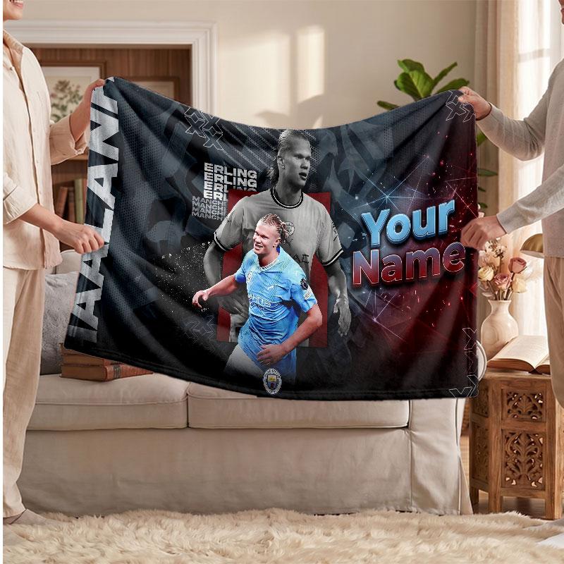 Erling Haaland Personalized Fleece Blanket With Football Logo, Custom Name Text Soft Warm Home Throw Blanket