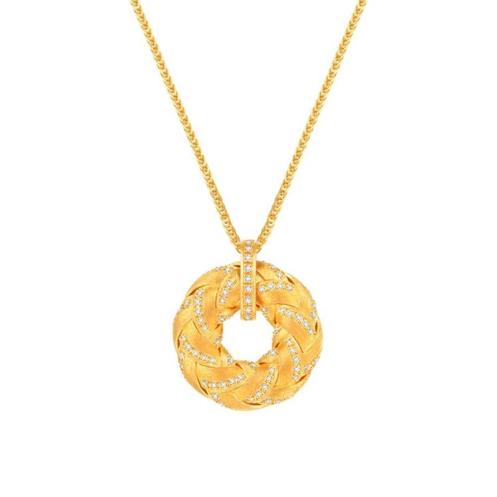 

Vintage Gold Plated Diamond Necklace Chinese Style Round Peace Knot Woven Donut Pendant for Women