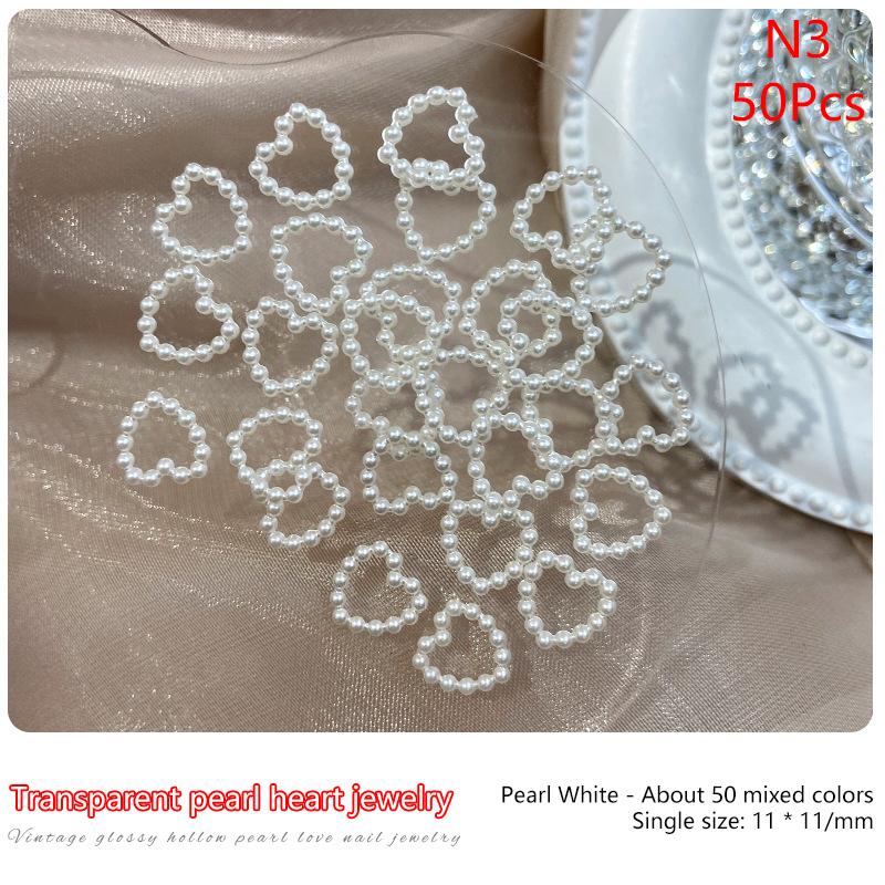 50Pcs White Purple Pink Heart Pearl Nail Decoration Hollow Charms Bulk 3D Nail Art Accessories For Women Girl Nails