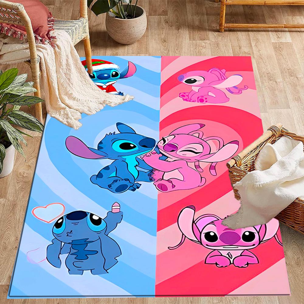Stitch Adventure In Flowers Disney Cartoon Theme Anti-Slip Rug - Polyester, Home Decor, Suitable for Bedrooms, Living Rooms, Doorways, and Studios