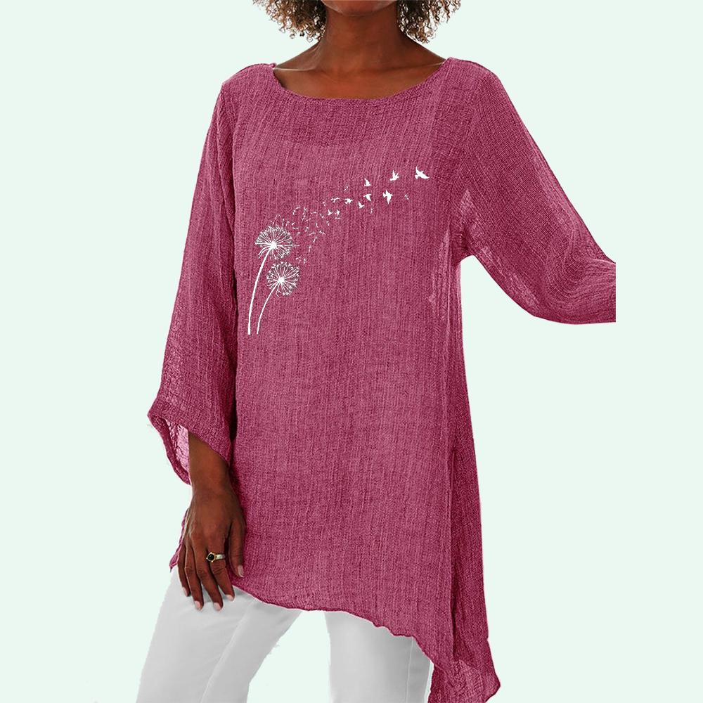 Women Fashion Print 3/4 Long Sleeve Thin Top Fashion Loose Shirt Female Round Neck Linen Shirt