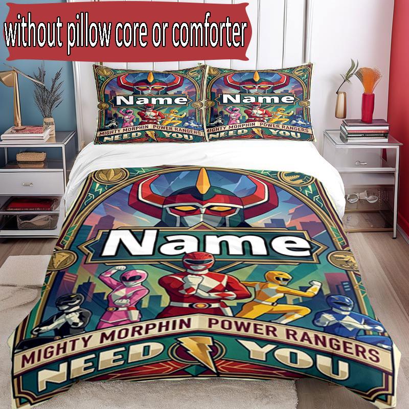 3pcs Duvet Cover Set (1*Duvet Cover + 2*Pillowcase, Without Core), Custom Name Power Rangers Pattern Bedding Set, Home Bedroom Decor Gift