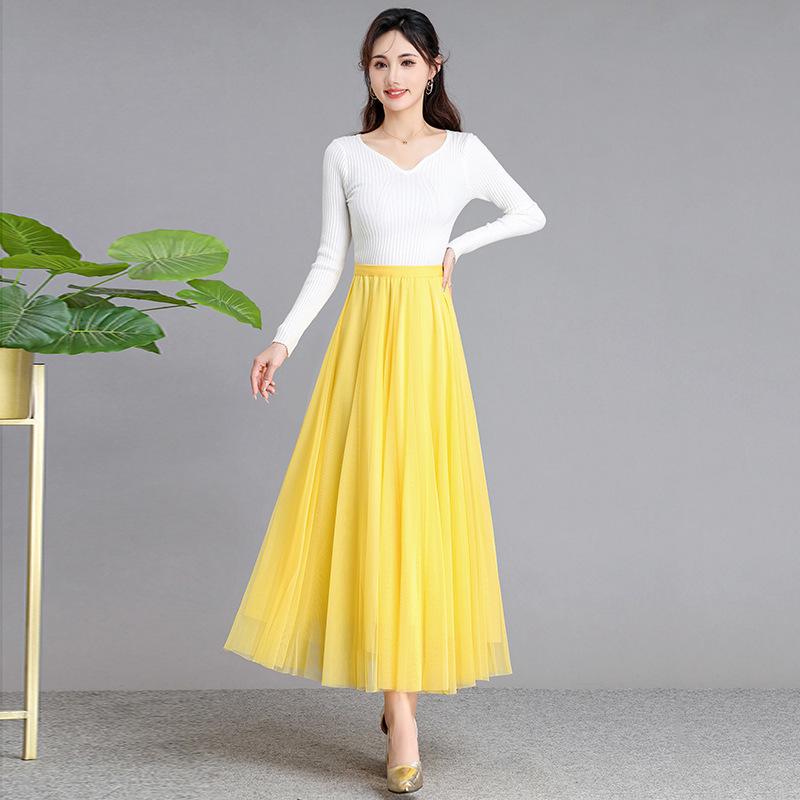 Women's High-Waist Mid-Length Pleated Mesh Skirt