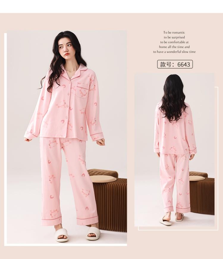 Autumn and winter pajama set for women, pink printed pure cotton long-sleeved V-neck home outfit