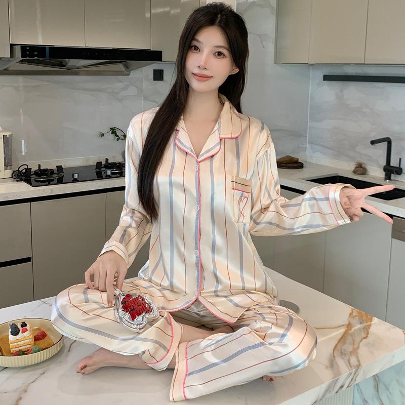 New ice silk pajamas women's spring new long-sleeved trousers high-end small floral loungewear set