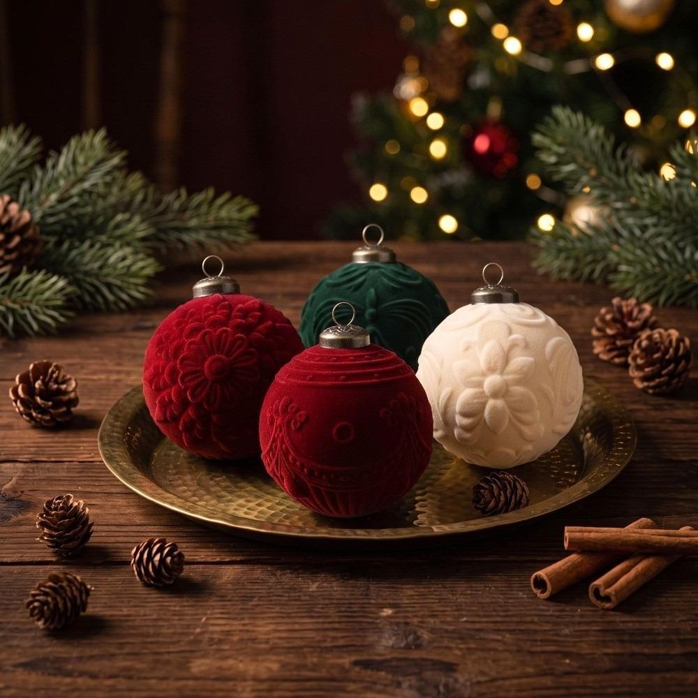 9Pcs Flocking Hanging Christmas Balls Embossed Festive Hanging Decorations Home Mantel Decoration