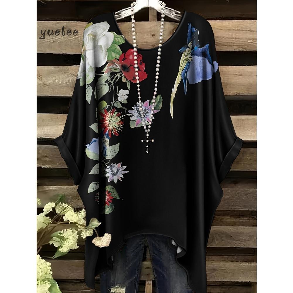 T-shirt da Donna Stampa Floreale Colorata Girocollo Top Orlo Irregolare Manica Corta Taglie Forti Abbigliamento da Donna Casual per Esterno